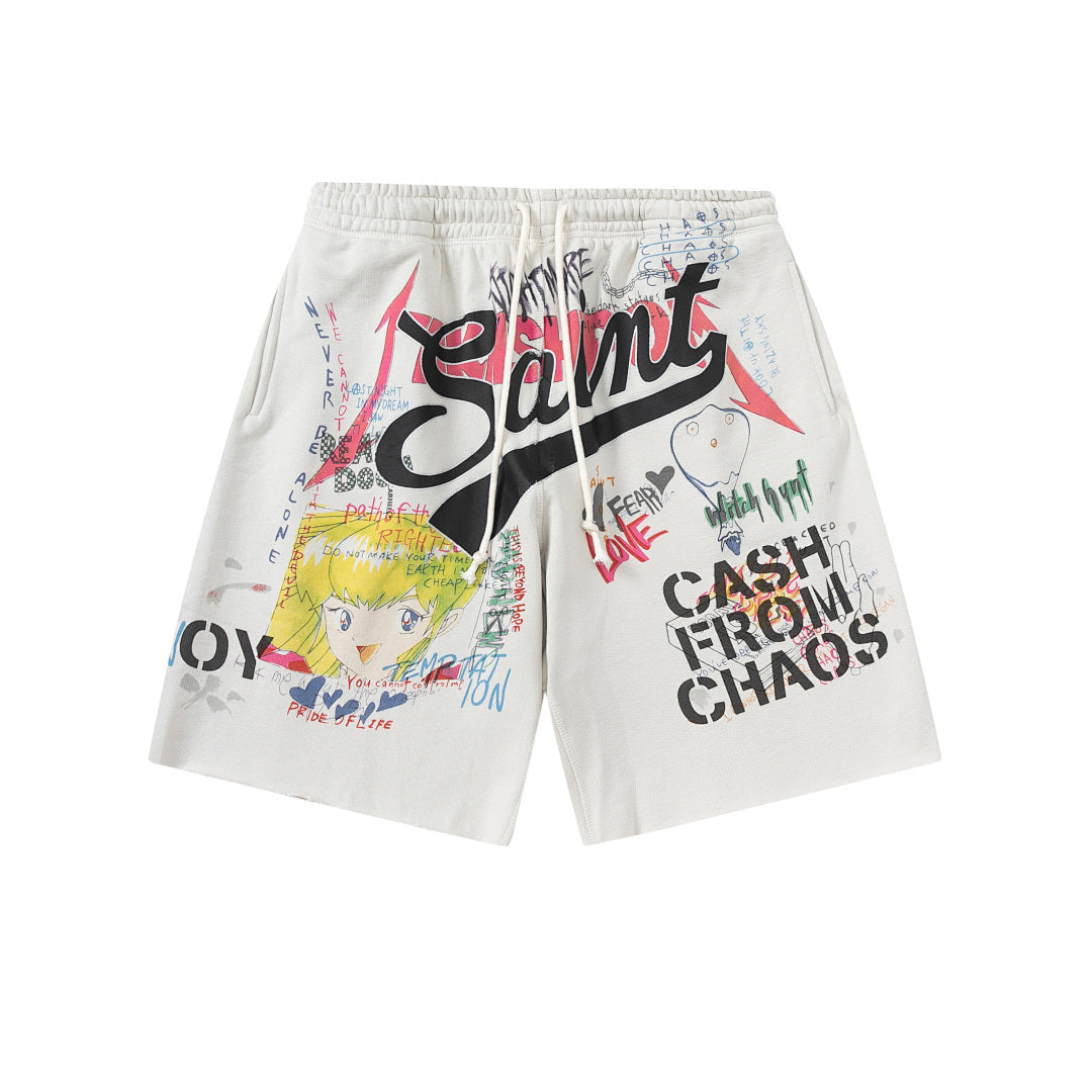 Saint Michael Graffiti Anime Graphic Collaged Sweat Shorts