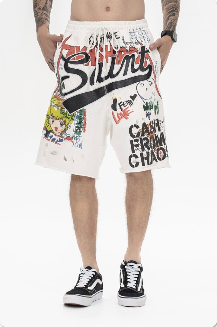 Saint Michael Graffiti Anime Graphic Collaged Sweat Shorts