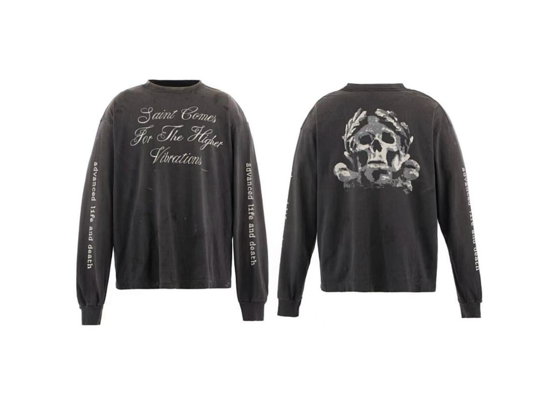 Saint Michael Script & Skull Graphic Distressed Sweatshirt