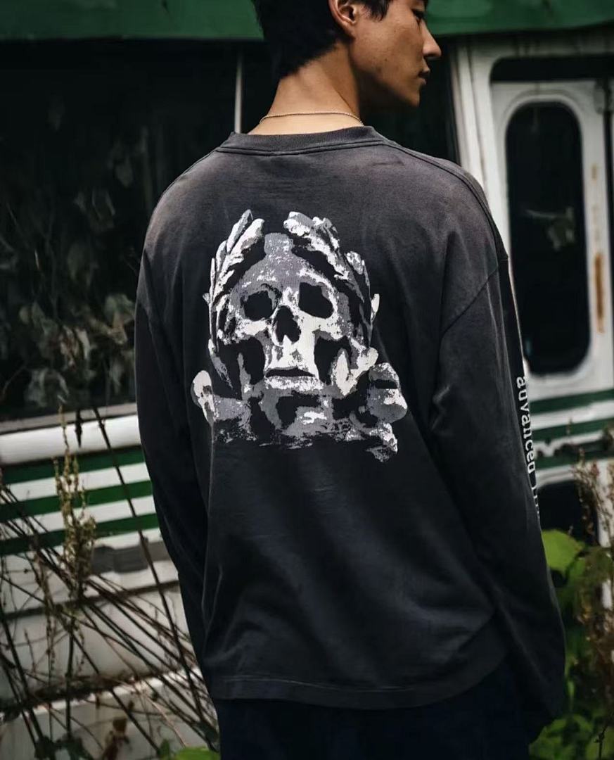 Saint Michael Script & Skull Graphic Distressed Sweatshirt