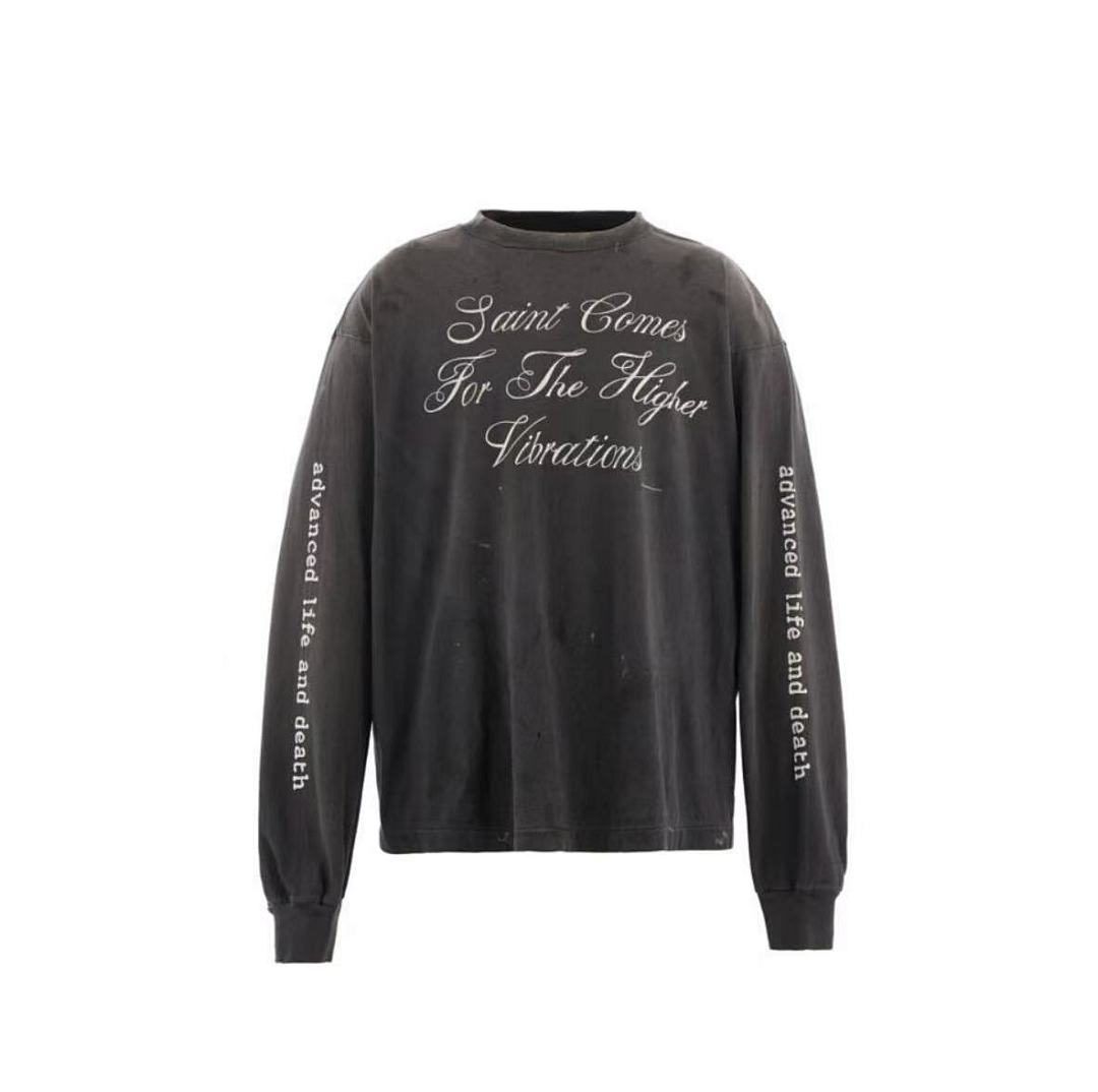 Saint Michael Script & Skull Graphic Distressed Sweatshirt