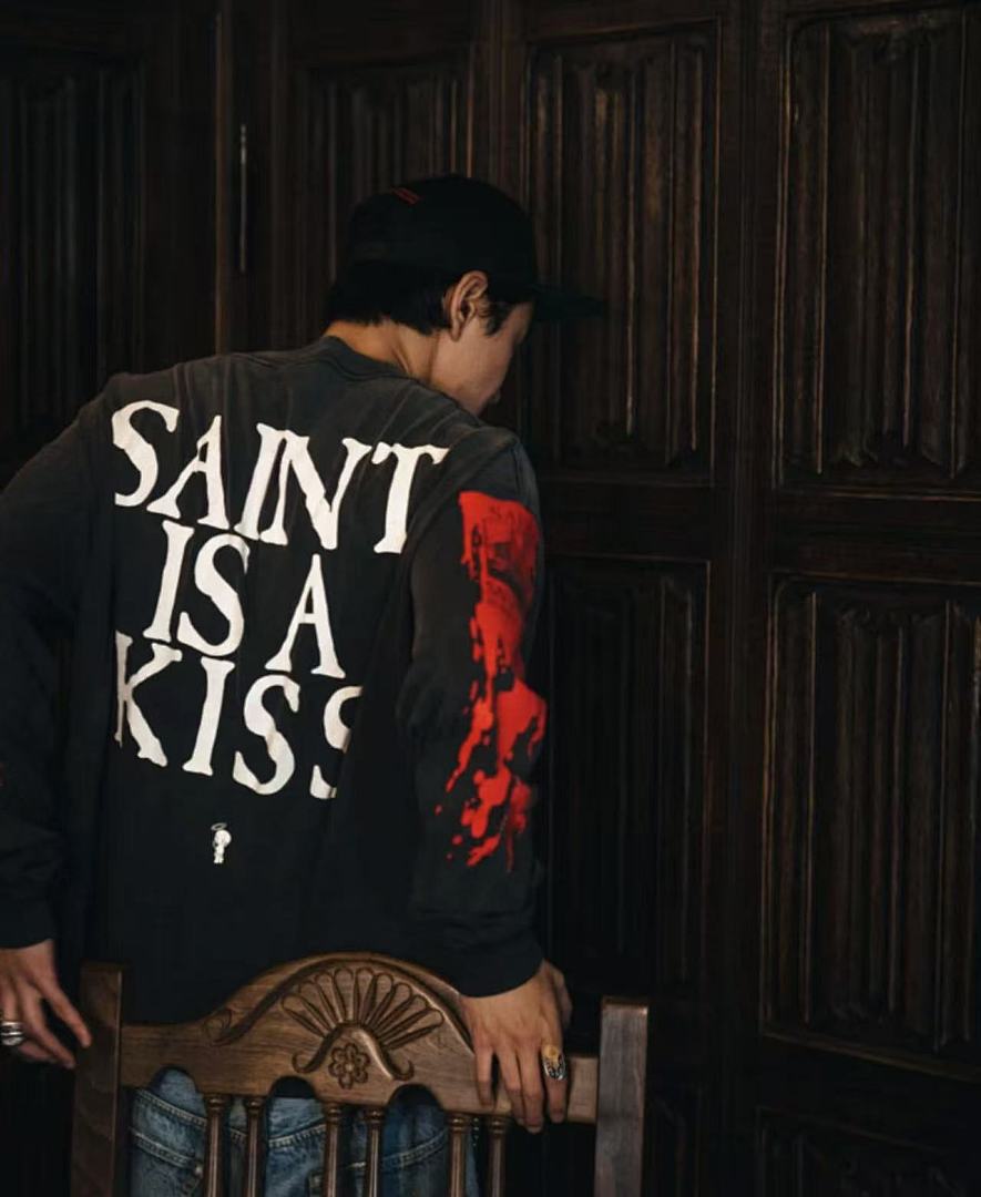 Saint Michael Graphic Art & Kiss Slogan Sweatshirt
