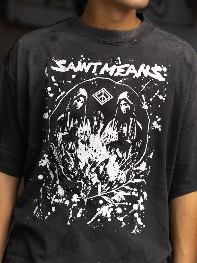 Saint Michael Graphic Skull & Stud Pattern Vintage T-Shirt