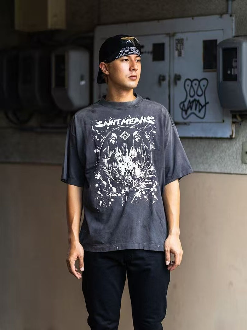 Saint Michael Graphic Skull & Stud Pattern Vintage T-Shirt