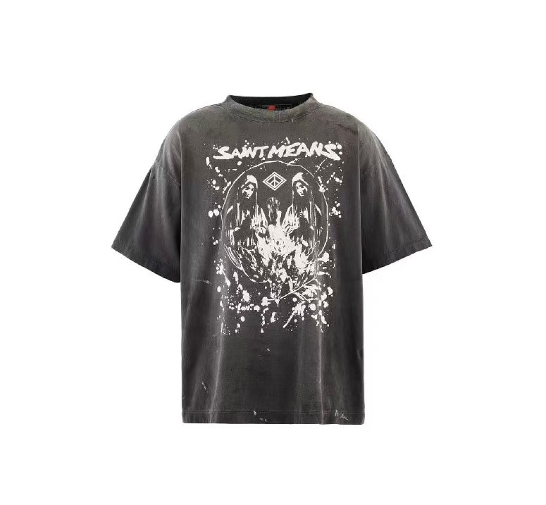 Saint Michael Graphic Skull & Stud Pattern Vintage T-Shirt