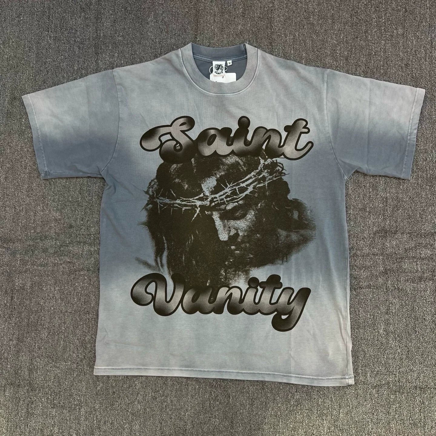 American street style SAINT VANITY washed and distressed portrait print  T-shirt