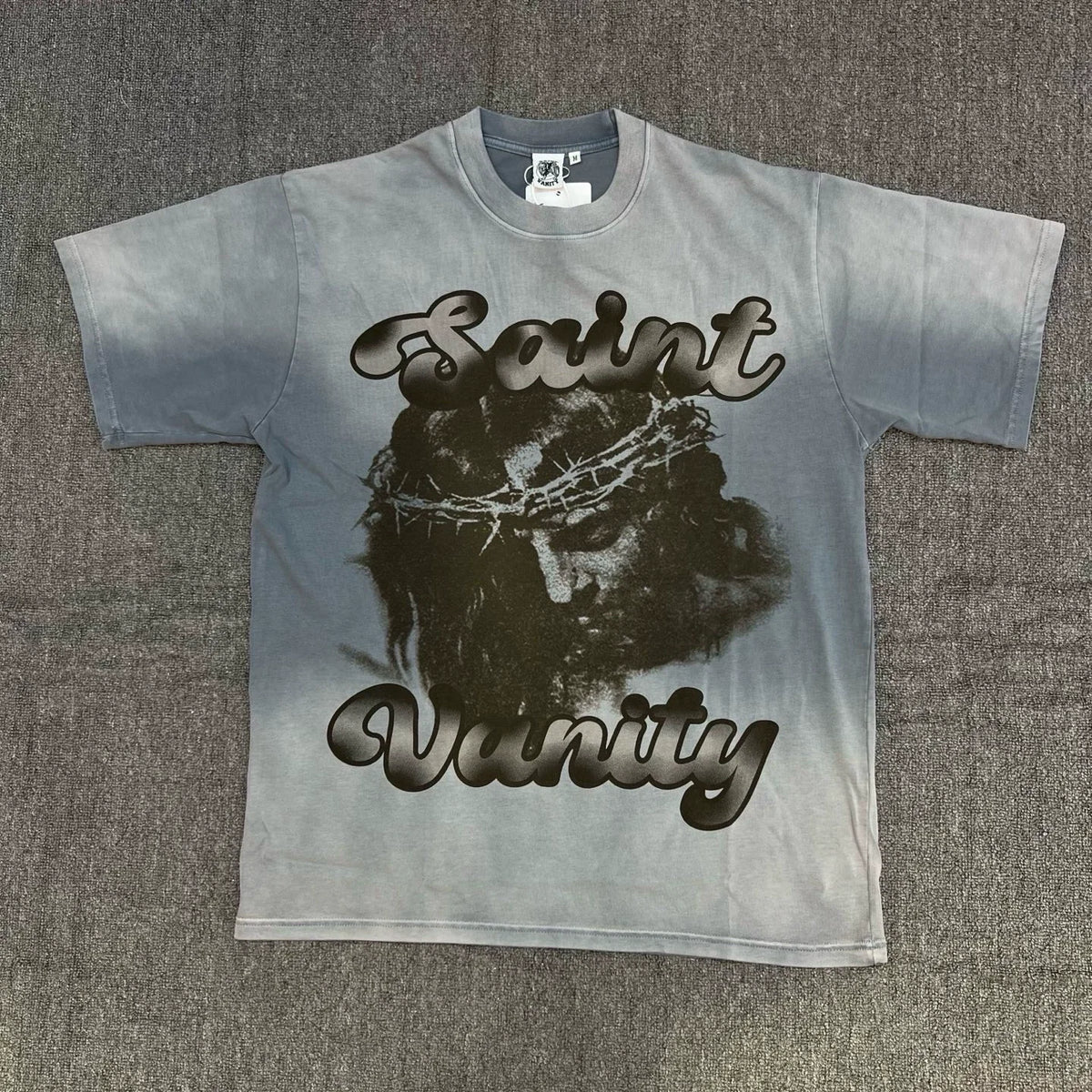 American street style SAINT VANITY washed and distressed portrait print  T-shirt