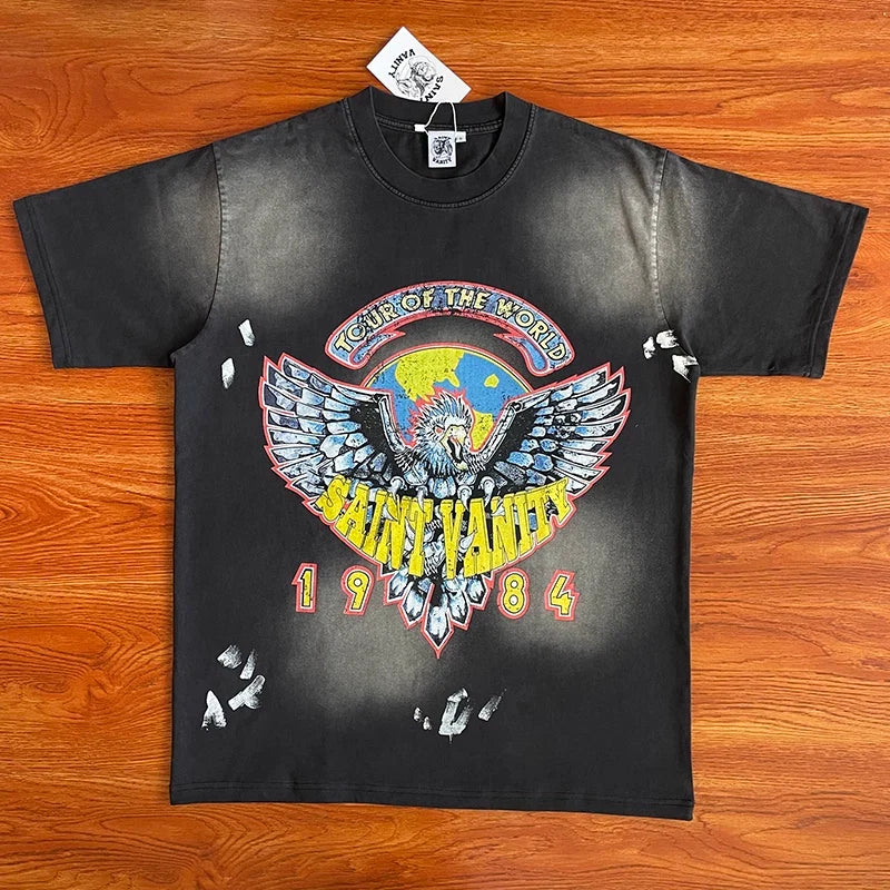 SAINT VANITY 1984 Tour of the World Eagle Earth Printed Vintage Short sleeved T-shirt