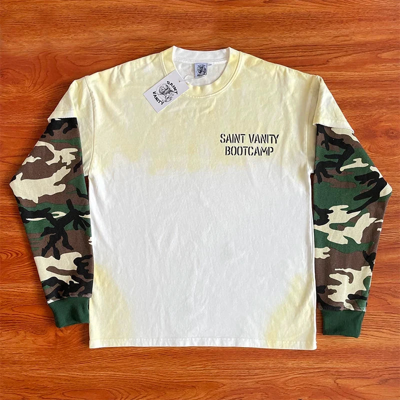 SAINT VANITY Camouflage Spliced Sleeve Fake Two piece Long sleeved T-shirt European and American Trendy